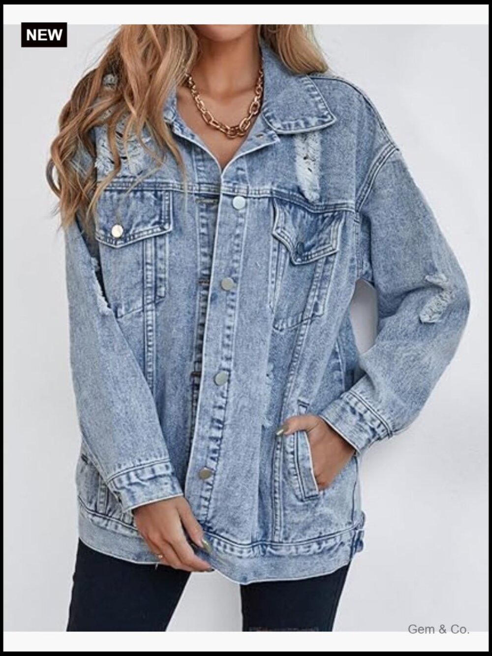 Long oversized denim jacket boyfriend ripped distressed jean coat - Picture 3 of 4